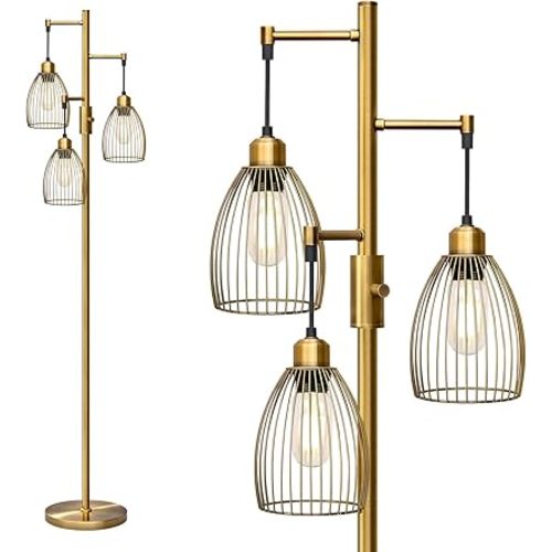 Dimmable Floor Lamp, Industrial Floor Lamps for Living Room, Antique Brass Tree Lamp Standing Lamp Tall Lamps with 3 Elegant Teardrop Cage Head & 800 Lumens LED Bulbs for Living Room Bedroom Office