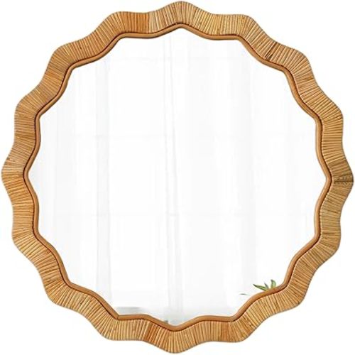 Boho Scalloped Rattan Round Mirror 24 Inches, Hanging Decorative Farmhouse Circle Mirror for Wall Decor Living Room Hallway Entryway, Handmade Coastal Circular Vanity Mirrors for Bathroom