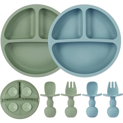 Eascrozn 2 Pack Baby Plates with Suction, 2 Pack Silicone Forks and Spoons Set, Baby Led Weaning Supplies, BPA Free, Toddler Utensils for Feeding Essentials