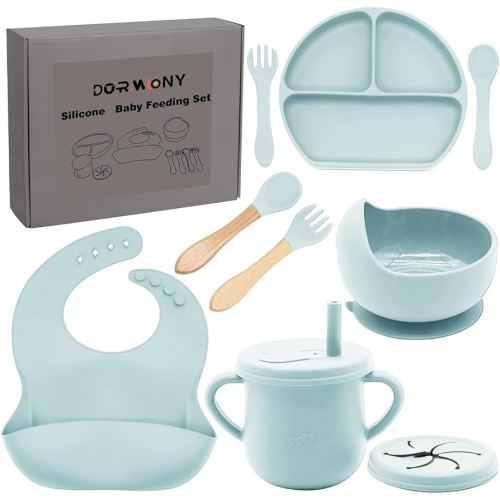 100% Silicone Baby Feeding Set,BPA Free Baby Dishes Set with Suction Bowl Divided Plate,Toddler Self Feeding Dish Set with Spoons Forks Sippy Cup and Bib, Baby Eating Utensils(Light Blue)
