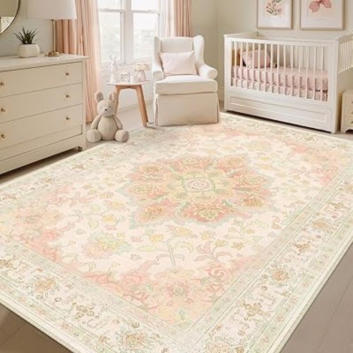 Machine Washable Rugs Nursery Rug 5x7 Cute Girl Non Slip Low Pile Water Repellent Soft Print Pattern for Bedroom Indoor Decor Kids Playroom Pinkgreen