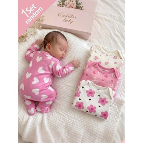 SHEIN [Randomly Ships 1 Of 4 ] Floral Heart Bow Print Baby Footie Romper Long Sleeve Jumpsuit Pajamas Light Pink Cute Night Sweet Minimalist Sleepwear | SHEIN USA
