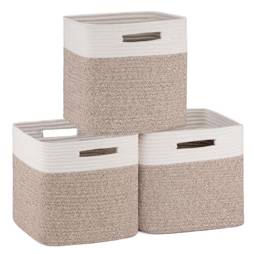 OIAHOMY Storage Cubes 11 Inch Storage Bin 3-Pack Square Basket White&Brown | 11x11 cube storage bins,Cotton Rope Baskets for Organizing, Baskets for Shelves, Classroom, Kids Toy Bins, Closet, Nursery