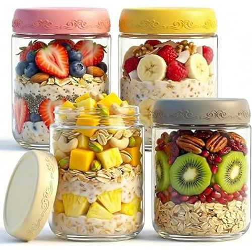 16 OZ Overnight Oats Jars with Lids 8 Pack, Glass Meal Prep Containers, Reusable Food Storage Jars, Airtight Mason Jars for Breakfast, Yogurt Parfait, Salad, Smoothies(8 Pack)