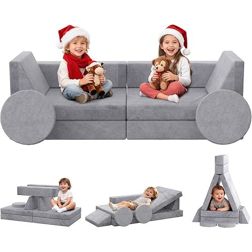 BIERUM Kids Couch, 12PCS Modular Kids Play Couch with Blanket, Kids Sofa for Playroom & Indoor, Convertible Toddler Couch for Girls and Boys