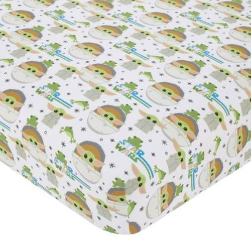 NoJo Star Wars The Mandalorian Grogu White, Green, and Blue Nursery Fitted Crib Sheet