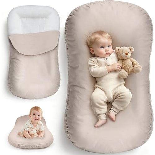 FibeGlis Extra Large Baby Lounger for Newborn & Infant, Pure Cotton Infant Lounger with Thick Support Filling & Removable Envelope Cover, Portable Baby Nest for Supervised Play