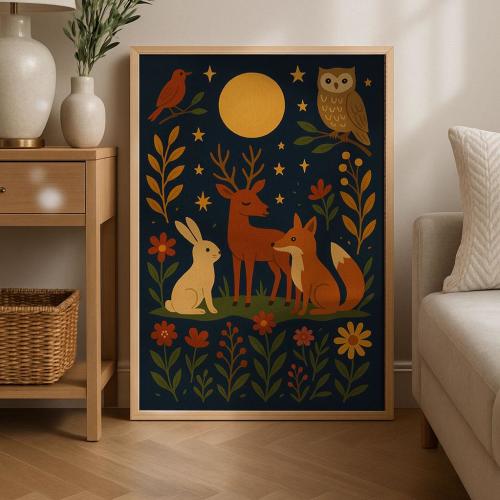 Woodland Animals at Night | Folk Art Animal Print | Nursery Wall Art