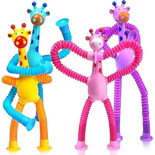 Giraffe Sensory Travel Toys 4Pcs for Roadtrip Car Ride Airplane Toddler Girl Year Old Ages 2 3 4 5 6 7 8, Suction Autism Pop Tube Fidget Toy Autistic Valentines Day Stocking Easter Basket Stuffer Gift