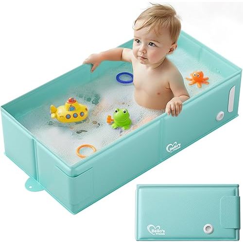Bella’s Friends Baby Collapsible Bathtub, Travel Bath Tub for Baby, Foldable and Portable, Easy Storage, Reinforced Structure, Lightweight, Travel Essentials for 6M-3Y Infant Toddler, Green