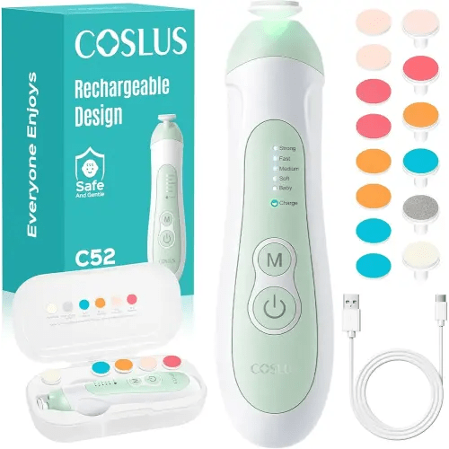 COSLUS Rechargeable Baby Nail File: Cordless Baby Nail Trimmer Electric with 5 Speeds & 6 Grinding Heads for Baby Kid, CPC Certified and Quiet Design - Safe for Sleep Trim Buffer, C52, Green
