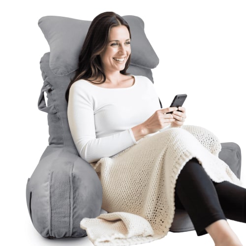 PHOGARY 31inch Reading Pillow for Bed Backrest with Arms - Dark Grey - Adult, Ultra-Comfy Microplush Cover & Detachable Neck Roll - Unmatched Support Bed Rest Sit Up Pillow