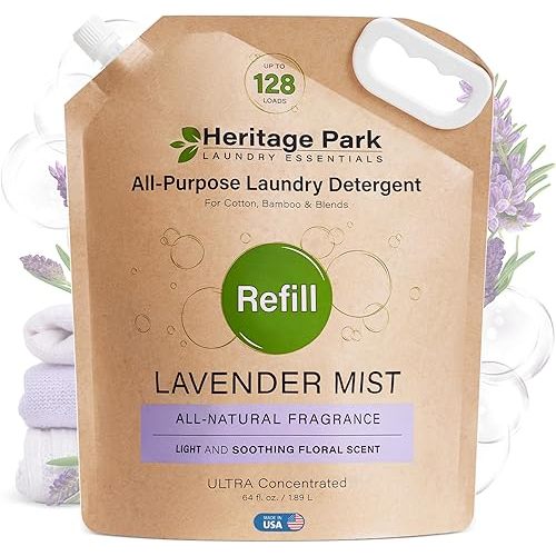 Heritage Park Luxury Laundry Detergent | Dermatologist Tested Plant based Natural & Enzyme Laundry Detergent | Sensitive Skin Friendly - Lavender Mist (64 fl oz Refill)