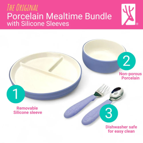 Kids Porcelain and Silicone Mealtime Bundle | Sage/MistyBlue
