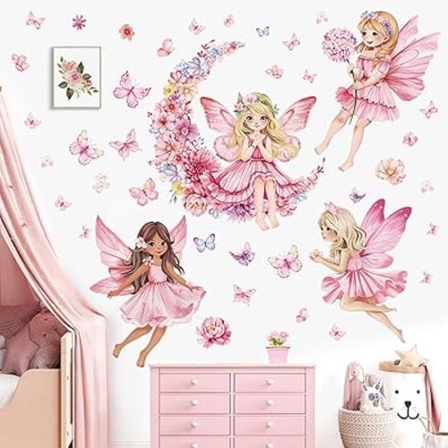 decalmile Calcomanías de pared para niñas, diseño de hadas, flores, luna, mariposa, decoración de pared para habitación de bebé, habitación de niños