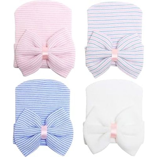 DRESHOW BQUBO 4 Pack Newborn Hospital Hat Infant Baby Hat Cap with Big Bow Soft Cute Knot Nursery Beanie