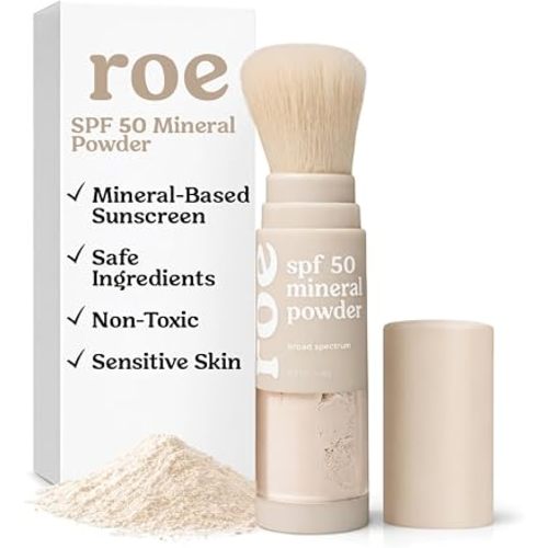 Roe Wellness- SPF 50 Powder Sunscreen Mineral-Based, Non-Toxic Brush-on For Kids, Adults & Babies | For Scalp, Face & Body (Reef Safe)