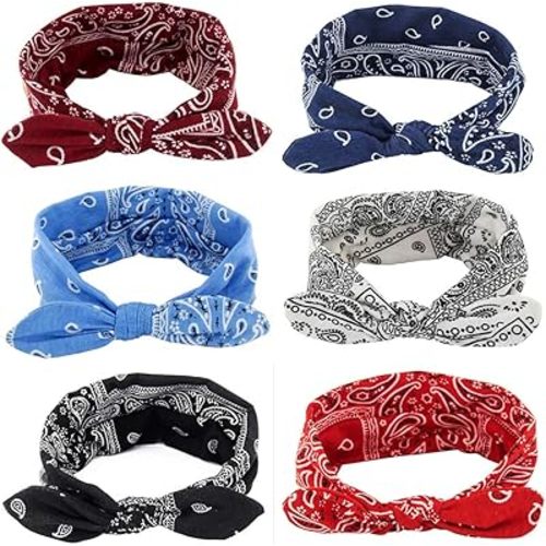 Yeshan Boho Bow Headbands for Women Vintage Paisley Bandana Flower Printed Hairband Elastic Rabbit ear Head Wrap Cute Hair Accessories,pack of 6