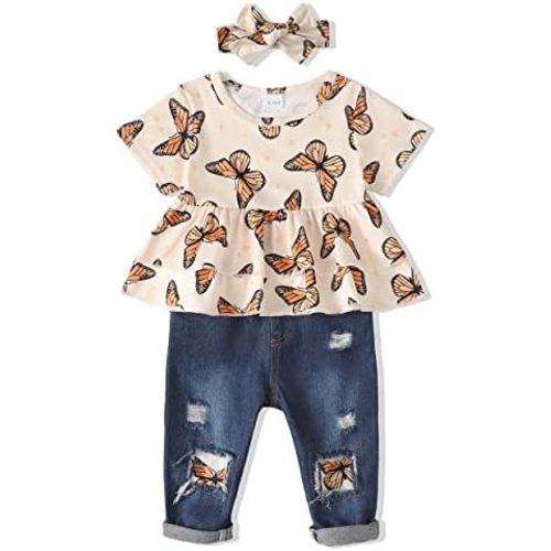 XUANHAO Baby Girl Clothes 12 18 24 Months Outfits For Infant Toddler Denim Girls' Clothing Ruffle Top Ripped Jeans Pant Sets