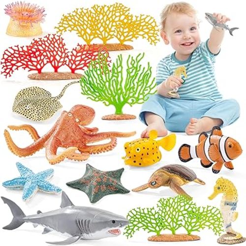 14PCS Large Ocean Sea Animal Toys with Corals for Kids, Realistic Soft Plastic Shark,Octopus,Starfish,Sea Turtle for Toddler Boy Girl, Under The Sea Party Favors, Birthday Gifts