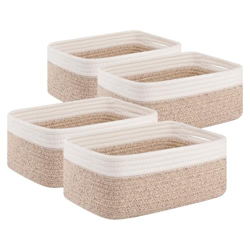 OIAHOMY 4 Pack Storage Baskets for Organizing, Small Bins for Shelves, Cute Decorative Storage Bins, Organizer Baskets for Gifts Empty, 11.8''Lx7.8''Wx4.7''H, Brown/White
