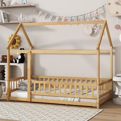 Bellemave Twin Size House Bed Frame,Solid Wood Montessori Floor Bed with Fence and Roof for Kids Girls Boys,Natural