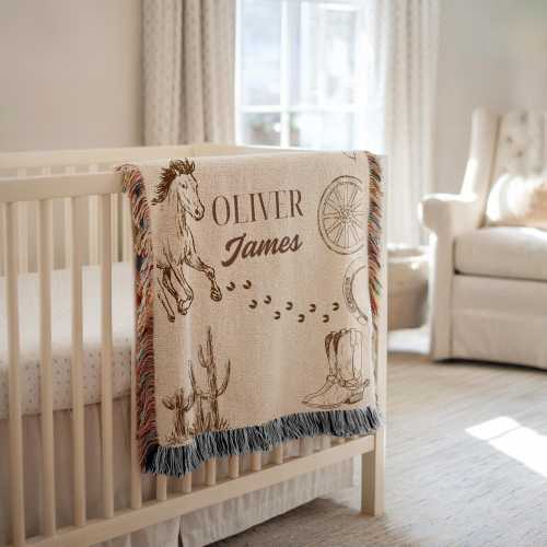 Cowboy Baby Blanket, Western Boys Woven Blanket, Newborn Name Blanket, Western Nursery Decor, Cowboy Baby Shower Gift, Horse Baby Blanket