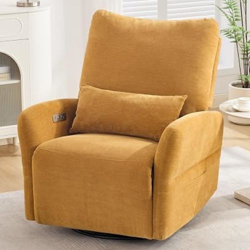 Korser Silla reclinable giratoria eléctrica, mecedoras eléctricas para guardería con puertos USB y tipo C, silla tapizada de 23 pulgadas de ancho con almohada lumbar para sala de estar, dormitorio