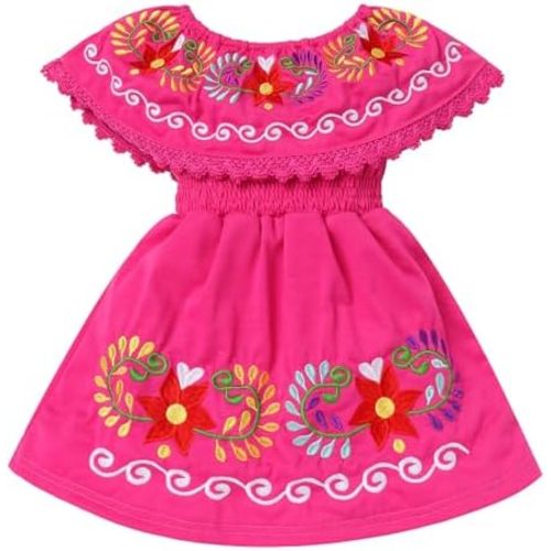 FYMNSI Mexican Dress for Girls Toddler Baby Mexican Ethnic Floral Embroidery Casual Dresses Ruffle Summer Holiday Sundress