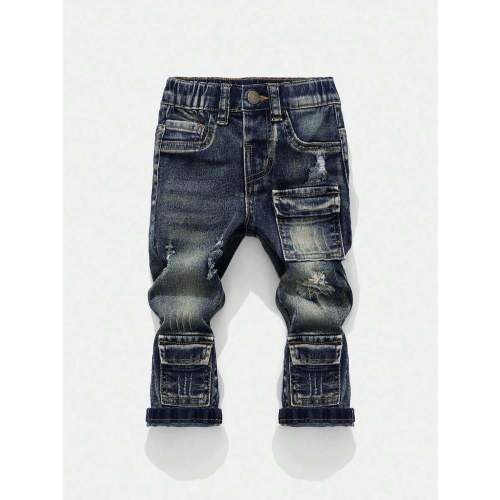 SHEIN Baby Boy Retro Design Distressed Vintage Washed Ripped Frayed High Stretch Slim Fit Blue Soft Jeans With Cargo Boys And For Baby School | SHEIN USA