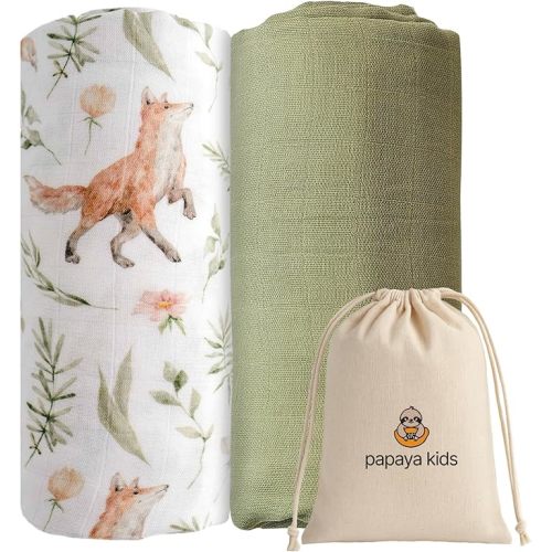 Papaya Kids Muslin Swaddle Blankets for Newborns, Green & Forest 2-Pack – Soft Viscose derived from Bamboo & Cotton Baby Blankets, 47x43, Breathable Receiving Blankets, Gender-Neutral Baby Swaddle