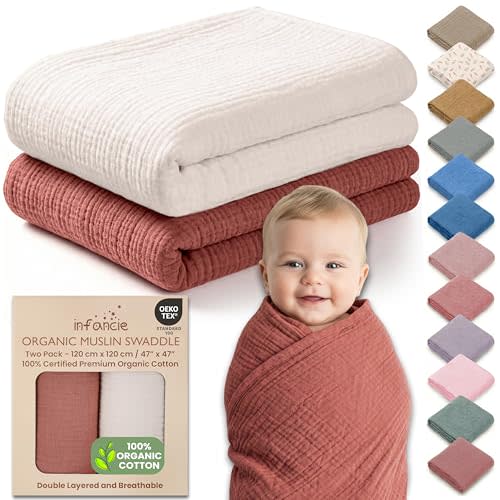 100% Organic Cotton Muslin Baby Blanket - 47 x 47 Inch Breathable Swaddle Blankets, Hypoallergenic Double-Layer, Soft and Cozy Newborn Baby Blanket for Sleeping and Everyday Use (Rust/Ivory)