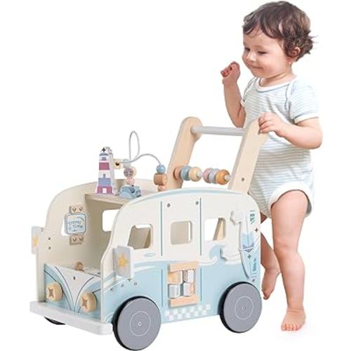 ROBOTIME Wooden Baby Walker, Baby Push Walker, Baby Activity Center Toys, Ajustable Speed Multi-Functional Baby Walker with Wheels for Boys and Girls(Vacation Bus)