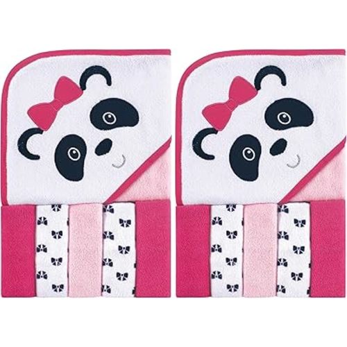 Luvable Friends Unisex Baby Hooded Towel with Five Washcloths, Panda, One Size (Pack of 2)