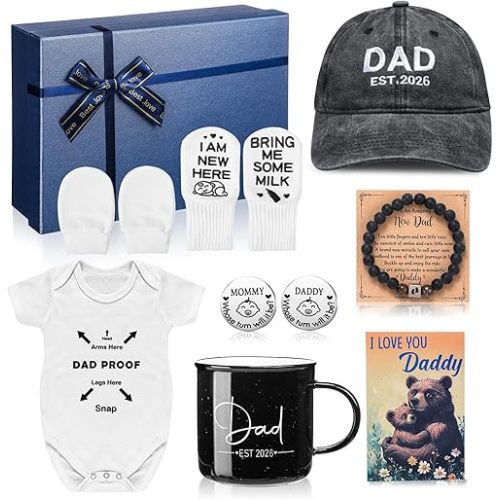 9 Pcs New Dads Gifts for Men 2026 Soon to Be Dads Gifts Daddy to Be Bracelet Hat Mug Decision Coin Baby Gloves Socks and Bodysuit Set Greeting Card for First Time Expecting Daddy