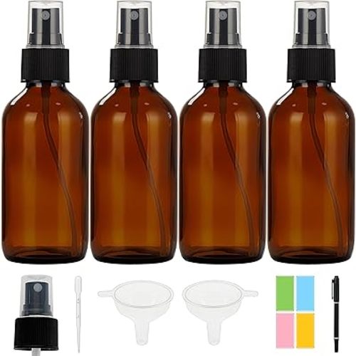 Dark Amber Glass Spray Bottles 4 oz, Small Glass Spray Bottles for Essential Oils, Fine Mist for Face, Hair, Plants, Travel, Perfumes, Cleaning Solutions - 4 Pack