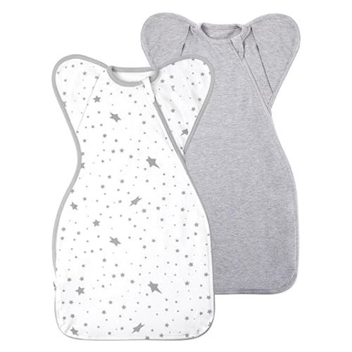 Premium Soft Cotton Swaddle Blanket Sleep Sacks Arms Up Design 2 Packs 3-6 Months, Hands Up 3-Way Transitions to Arms-Free Wearable Sleeping Sack Bag for Baby Boys Girls Snug Fit Calms Startle Reflex