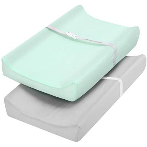 TILLYOU Jersey Knit Ultra Soft Changing Pad Cover Set, Unisex Diaper Change Table Sheets for Baby Boys Girls, Fit 32"/34''x16" Contoured Pad, Comfy Cozy 2-Pack Cradle Sheets, Lt Green & Lt Gray