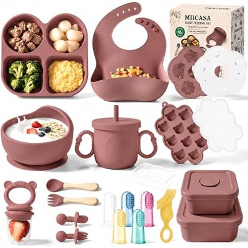 Silicone Baby Feeding Set,25pcs Baby Led Weaning Supplies,Silicone Suction Plate,Bowl,Spoons,Fork,Bib,Cup and Food Tableware,Eating Utensils For Baby