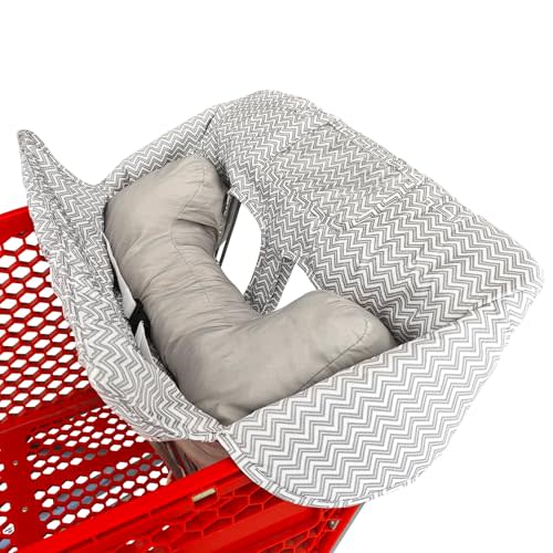 Love&go Soft Pillow Attached 2-in-1 Shopping Cart and High Chair Cover for Baby, Cotton Padded Cart Cover, Fold'n Roll Style, Portable with Carry Bag (Gray Chevron)