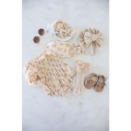 Summer Bow Baby Girl Summer Bow Romper, Neutral Ivory Cream Tan Bow Coming Home Outfit, Wedding Flower Girl, Autumn Fall Ginger Long Sleeve