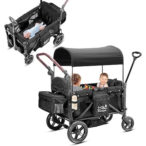 Rovique Stroller Wagon for 2 Kids,Premium Wagon for Kids with Removable Canopy,Snack Tray,All-Terrain PU Wheels & Adjustable Push/Pull Handle (Black)