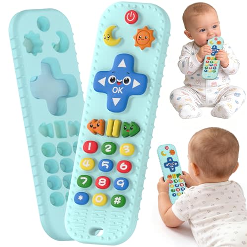 Baby Teething Toys Silicone Baby Remote Teether Over 3 Months | Baby Essentials Sensory Chew Toys - Baby Teether for Teething Relief - BPA Free Infant Toys Baby Shower Gifts (1, Blue)