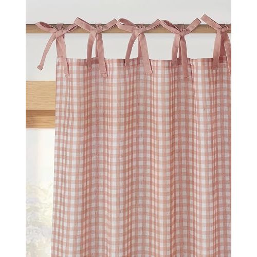 NICETOWN Rose Pink Plaid Curtains for Nursery, Tie Top Bow Knot Checkered Girls Room Window Treatments, Coquette Room Decor Semi Sheer Light Filtering Living Room Drapes, W52 x L84, 2 Panels