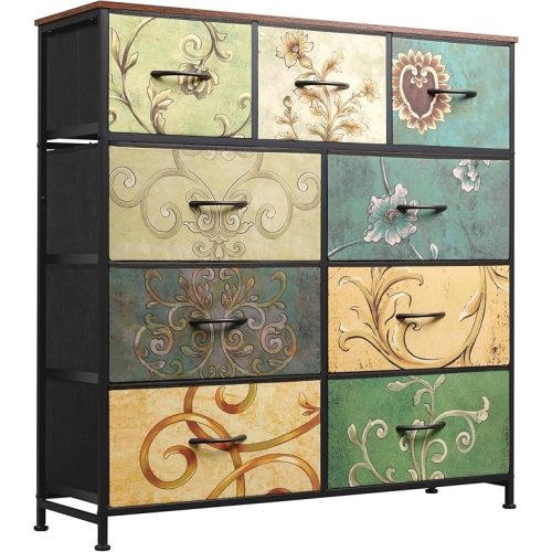 WLIVE 9-Drawer Dresser, Fabric Storage Tower for Bedroom, Hallway, Entryway, Closet, Tall Chest Organizer Unit with Fabric Bins, Steel Frame, Wood Top, Easy Pull Handle, Floral Painted