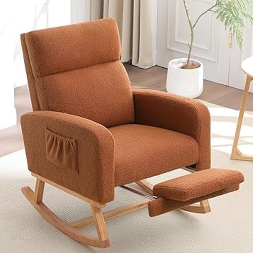 Rocking Chair Nursery with Foot Rest, Nursing Rocking Chairs for Mom Nursery, Teddy Rocker Glider with High Backrest for Living Room, Bedroom, Brown