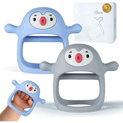 Smily Mia 2pack Baby Teething Toys for 0-6 3-6Months |Penguin Teether | Hand Teethers| Teething Mittens|Chew Toys for Teething Pain Relief, Baby Pacifiers| New Born Essentials, Blue+Grey