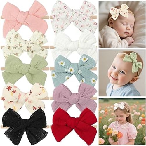 LemonSpace 4" Handmade Baby Girl Bows and Headbands,10 pcs Strechy Soft Nylon Hairbands Hair Bows for Newborns Infants Toddlers Elastic Baby Hair Accessories for Girls Gifts