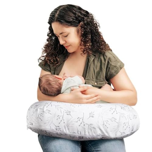 Boppy Nursing Pillow - Ergonomic Bottle & Breastfeeding Pillow with High, Firm, Large Area, Water-Repellent Cushion with Washable Cover; Baby Safety Alliance Verified - Gray Gentle Leaves
