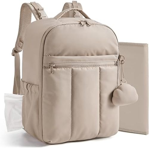 BAGSMART Baby Diaper Bag Backpack, Lightweight Puffy Diaper Bag with Insulated Pockets& Pacifier Case, Travel Stroller Straps with Waterproof Changing Pad, Camel